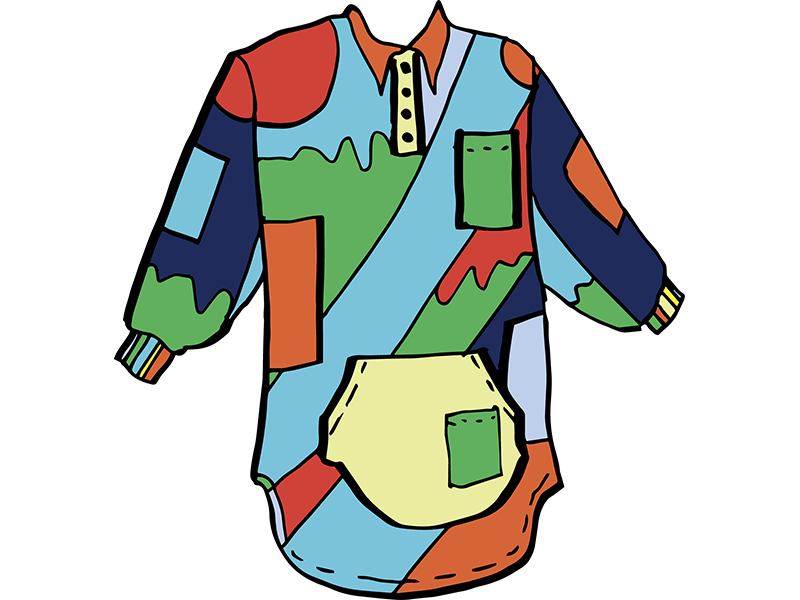Illustration of a long sleeve tee with multiple colors and patterns