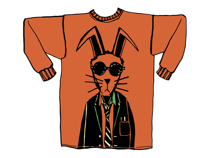 Illustration of an orange long sleeve tee shirt with a proper bunny graphic