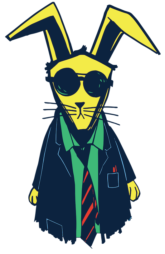 A cartoon rabbit in a suit with sunglasses.