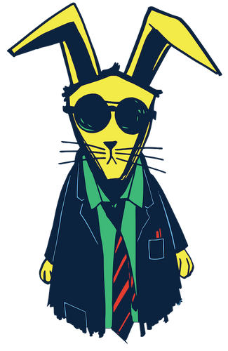 Logo for The Proper Bunny with yellow face and floppy ears, round sunglasses in suit with green shirt, navy jacket with red and navy tie.